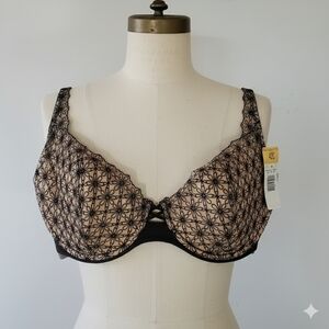 Vassarette 42C Bra NWT Black Beige Floral Full Coverage Light Padding Adjustable